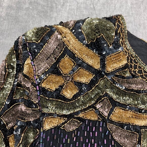 Unbranded Blouse Women Medium Black Gold Multi All Bead Floral Diamond Silk VTG - Picture 3 of 12